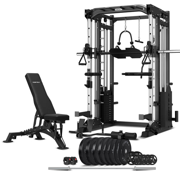 CORTEX SM-25 6-IN-1 POWER RACK WITH SMITH & CABLE MACHINE + BN-9 BENCH + 130KG OLYMPIC BUMPER WEIGHT PLATE & BARBELL PACKAGE