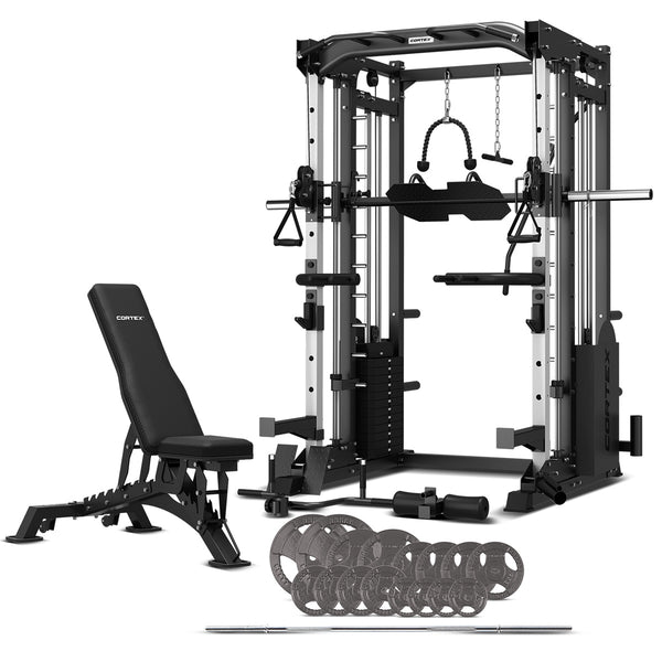 Cortex SM-25 6-In-1 Power Rack with Smith & Cable Machine + BN-9 Bench + 100kg Standard Tri-Grip Weights Package