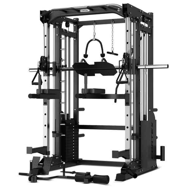 Cortex SM-25 6-In-1 Power Rack with Smith & Cable Machine + BN-9 Bench +  Ultimate Olympic Bumper Weight Plate & Barbell Package