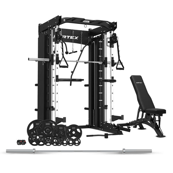 CORTEX SM-26 6-In-1 Power Rack with Smith & Cable Machine + BN-9 Bench + 100Klg Olympic Tri-Grip Weight Plate & Barbell Package