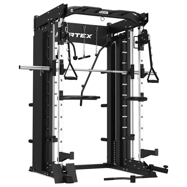 CORTEX SM-26 6-in-1 Power Rack with Dual Stack Smith & Cable Machine + Jammer Arms + Chest Fly Attachment + 30kg Weights Add On + BN-9 Bench + Ultimate Olympic Bumper Weight Plate & Barbell Package